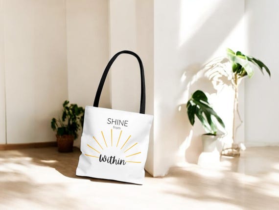 Shine From Within Design Inspirational Tote Bag Motivational Reusable Shopping Bag Minimalist Gift For Women Teens Positive Quote Tote