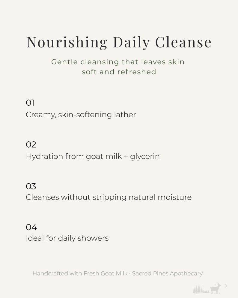 May include: A cream-colored graphic with the text "Nourishing Daily Cleanse." The text describes gentle cleansing, creamy lather, hydration from goat milk and glycerin, and cleansing without stripping moisture. The text also mentions daily showers.
