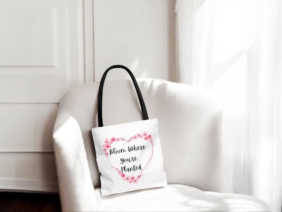 Cherry Blossom Tote Bag Inspirational Quote Tote Floral Heart Design Bag Everyday Carry Bag Gift For Mom Gift For Her Eco Friendly