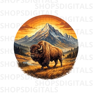 Puede incluir: Ilustración digital de un bisonte en un paisaje natural. El bisonte es marrón con cuernos curvos, sobre un fondo de montañas, una puesta de sol y un campo de hierba. La imagen es circular.