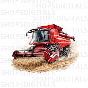 May include: A vibrant red combine harvester, a large agricultural machine, is depicted in action, cutting through a field of golden wheat. The image captures the machine's powerful presence and the dust kicked up during operation.