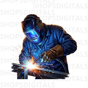 May include: A welder wearing a dark blue uniform and a protective helmet with a reflective visor, holding a welding torch that emits bright sparks and light while joining two pieces of metal. The image includes the repeated text SHOPSDIGITALS.