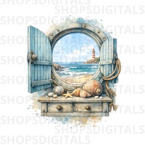 Vista costeira pela janela PNG, Clipart náutico de praia em aquarela, Farol no oceano para download digital, Design para sublimação