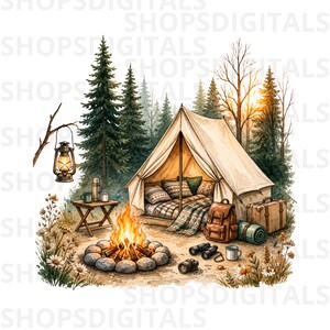 Puede incluir: Ilustración en acuarela de una escena de campamento con una tienda de campaña, una fogata y un fondo de bosque. Incluye una linterna, una mesa con tazas, una mochila, unos prismáticos y un saco de dormir enrollado. La escena evoca aventura al aire libre.