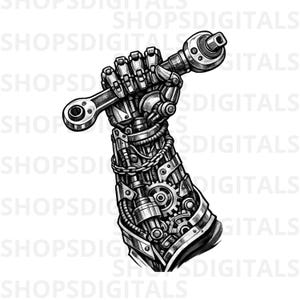May include: A detailed black and white illustration of a mechanical arm holding a wrench. The arm is composed of gears, chains, and metallic components, with the word "SHOPSDIGITALS" repeated in the background.