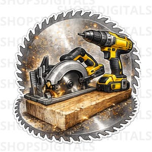 May include: Illustration of woodworking tools including a circular saw, drill, and a wooden plank. The tools are yellow and black, with a silver saw blade surrounding the image. Sparks are visible, suggesting the tools are in use.