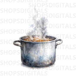 Könnte beinhalten: Aquarell-Illustration eines Edelstahltopfs, gefüllt mit einer köchelnden, braunen Flüssigkeit. Dampf steigt aus dem Topf auf, was auf ein heißes Gericht hindeutet. Der Topf hat zwei Griffe und steht auf weißem Hintergrund.