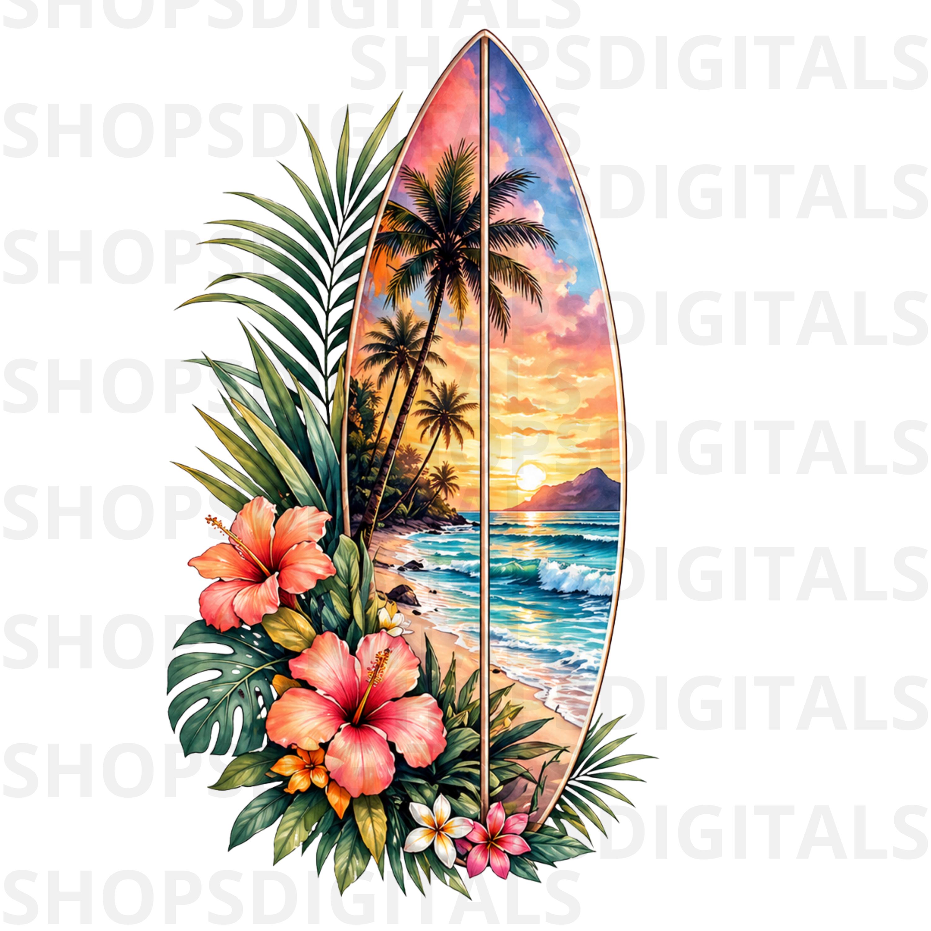 Surfboard Tropical Sunset PNG, Beach Vacation Clipart, Summer Palm Tree ...