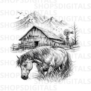 May include: A monochrome illustration depicting a horse grazing in a field, with a barn, windmill, and mountains in the background. Birds are seen flying above the barn and mountains. The image is a detailed drawing of a rural landscape.
