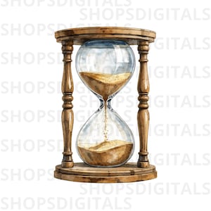 Puede incluir: Ilustración en acuarela de un reloj de arena de madera con una bombilla de vidrio transparente. El reloj de arena está lleno de arena de color beige, con algo de arena fluyendo de la bombilla superior a la inferior. El marco de madera tiene un acabado marrón oscuro.