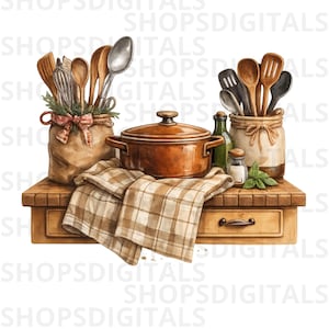May include: Watercolor illustration of kitchen items on a wooden surface. A brown casserole pot, jars of utensils, a checkered towel, and a small drawer are featured. A salt shaker, bottles, and herbs complete the scene.