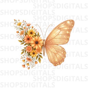 Op de afbeelding: Digitale illustratie van een vlinder. E&eacute;n vleugel en de helft van het lichaam zijn versierd met oranje en gele bloemen en groene bladeren. De andere vleugel is goudkleurig met glitteraccenten. De achtergrond is wit.