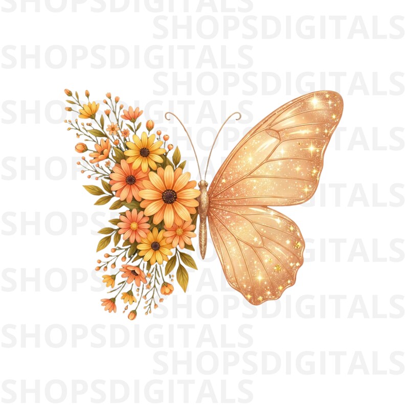 Op de afbeelding: Digitale illustratie van een vlinder. E&eacute;n vleugel en de helft van het lichaam zijn versierd met oranje en gele bloemen en groene bladeren. De andere vleugel is goudkleurig met glitteraccenten. De achtergrond is wit.