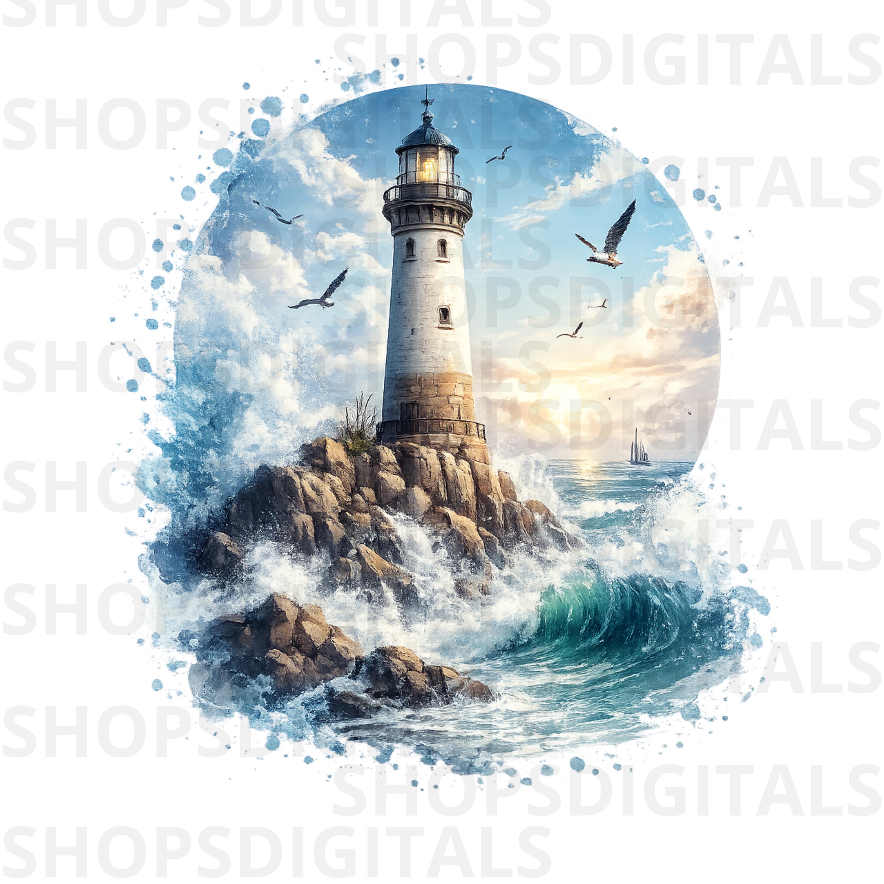 Lighthouse Ocean Waves PNG, Coastal Lighthouse Illustration - Etsy