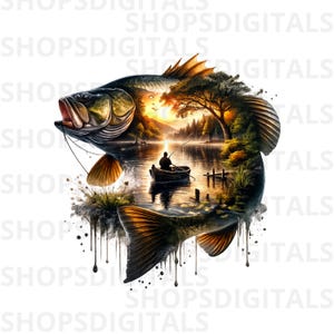 May include: A digital illustration of a largemouth bass with a scenic lake landscape inside. The fish is detailed with shades of green, brown, and gold. A fisherman in a boat is on the lake at sunset. The image has a watercolor effect.