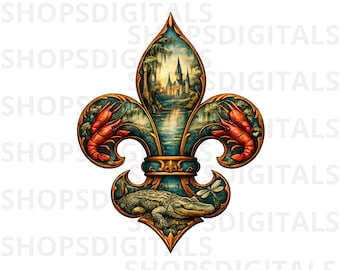 Flor de lis de Luisiana PNG, arte de caimán y cangrejo de río (descarga digital)