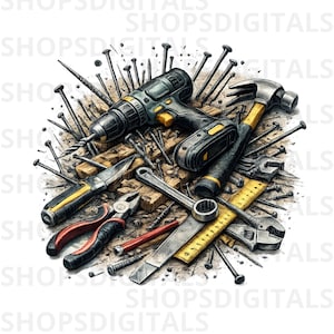 May include: An illustration of a collection of tools, including a drill, hammer, spanner, pliers, and ruler, with nails scattered around. The tools are in black, yellow, and silver, set against wooden planks.