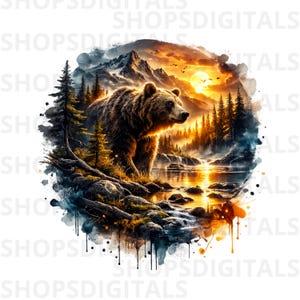 Puede incluir: Una impresión artística digital que presenta un oso pardo en un paisaje montañoso. El oso está cerca de un lago, con una puesta de sol en el fondo. La obra de arte tiene un efecto de acuarela, con salpicaduras de color y el texto "SHOPSDIGITALS".