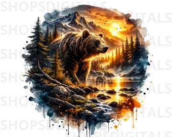 May include: A digital art print featuring a brown bear in a mountain landscape. The bear stands near a lake, with a sunset in the background. The artwork has a watercolor effect, with splashes of color and the text "SHOPSDIGITALS".