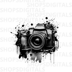 May include: A black and white digital camera illustration featuring a prominent lens and body details, surrounded by dynamic black ink splatters and drips that create a textured, artistic effect against a plain white background.