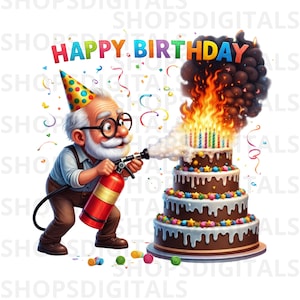 Divertente clipart di compleanno per un vecchietto, design umoristico con torta di fuoco (download digitale)