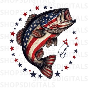 Amerikansk flagga, abborrfiske Clipart, patriotisk USA-fiskaredesign (digital nedladdning)