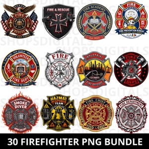 May include: A collection of 12 firefighter-themed PNG images. Each design features emblems with elements like axes, flames, and text such as "Fire Dept" and "Fire Rescue." The images are in various colors, including red, gold, and blue. The text "30 FIREFIGHTER PNG BUNDLE" is at the bottom.