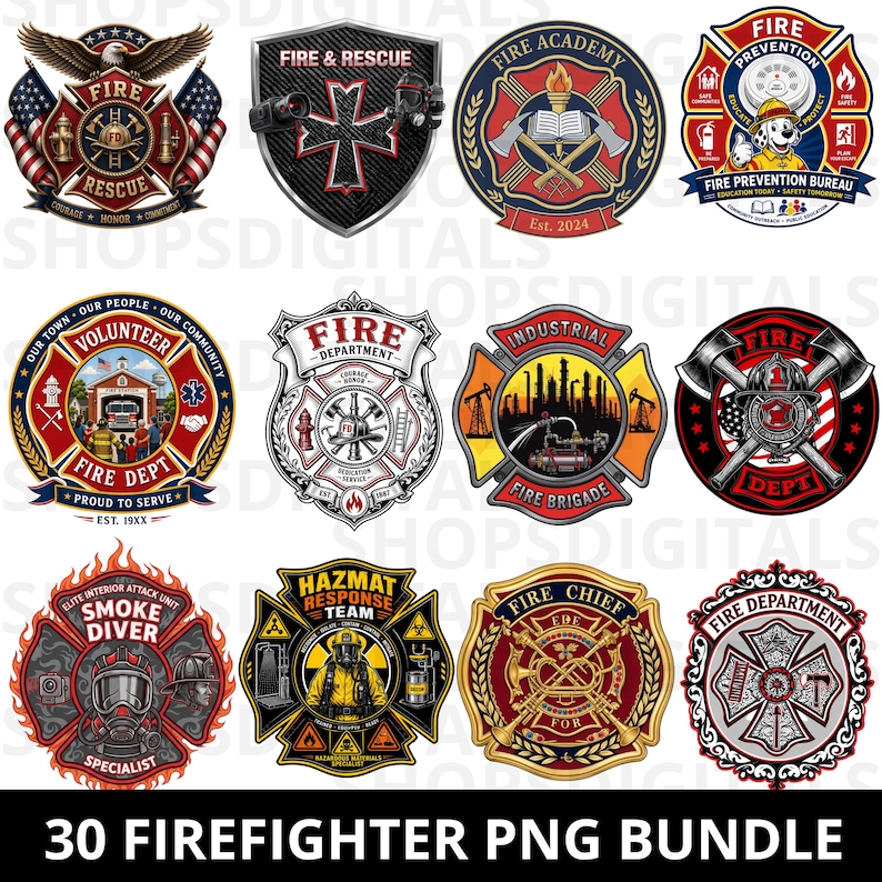 30 Firefighter PNG Bundle, Fire Rescue Logos, Clipart, Emblem Graphics ...
