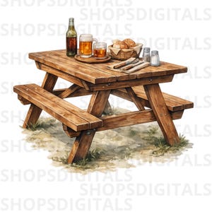 May include: A wooden picnic table with attached benches, set with a bottle, two mugs, a glass of beer, a basket of rolls, and cutlery. Salt and pepper shakers are also on the table. The table is on a grassy area.