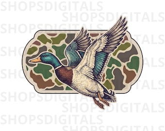May include: A detailed illustration of a flying mallard duck with outstretched wings. The duck features a green head, brown body, and blue wing accents. It is set against a camouflage background within a decorative frame.