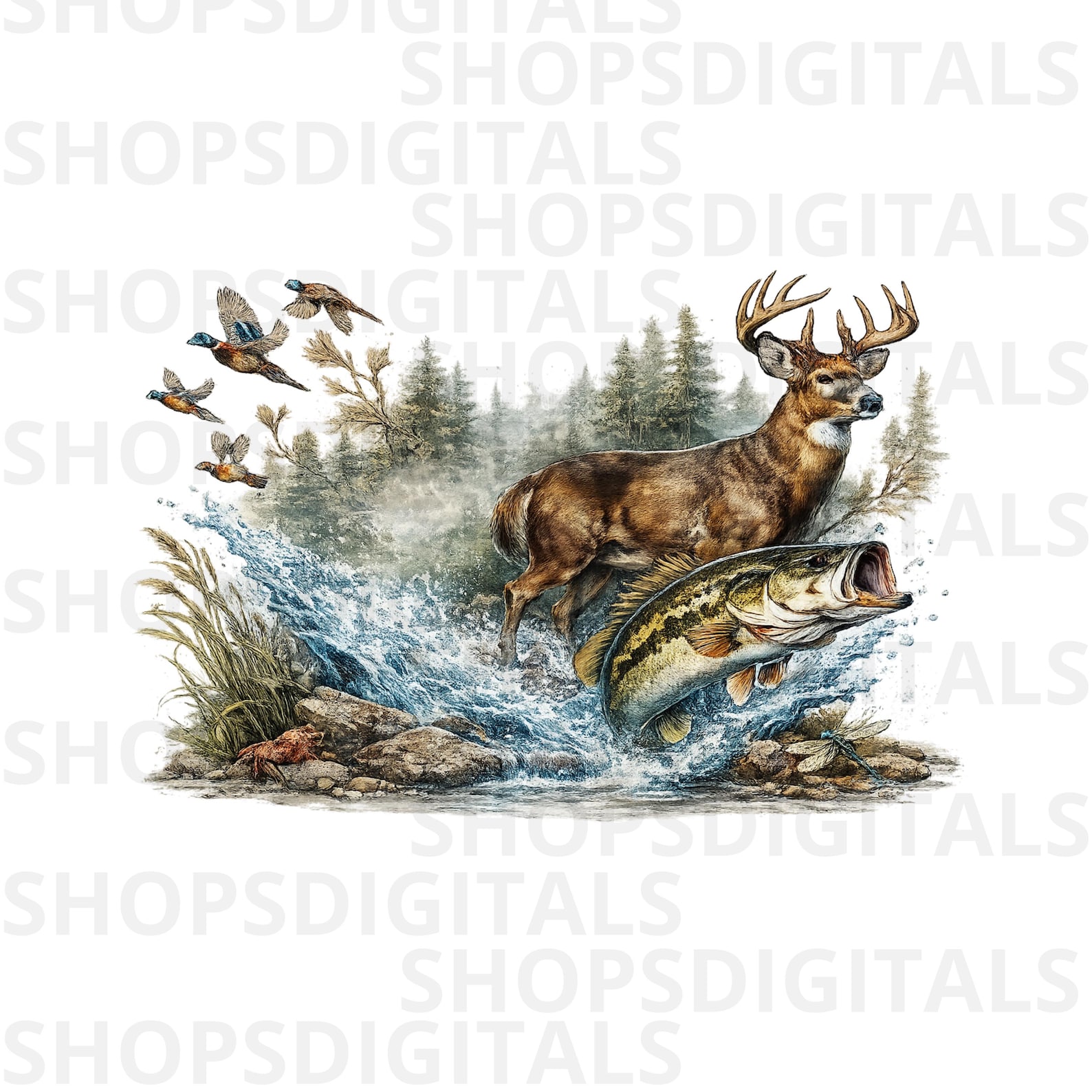 Deer and Fish Wildlife Art, Hunting Nature PNG (digital Download) - Etsy