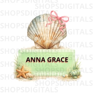May include: A watercolour illustration featuring a large seashell adorned with a pink bow, set on sand. A green sign below reads "ANNA GRACE". Other seashells and a starfish are also present.
