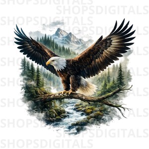 May include: A majestic bald eagle with outstretched wings perches on a tree branch. The eagle has brown and white feathers, a yellow beak, and piercing eyes. The background features a mountain range, a flowing river, and a lush forest.