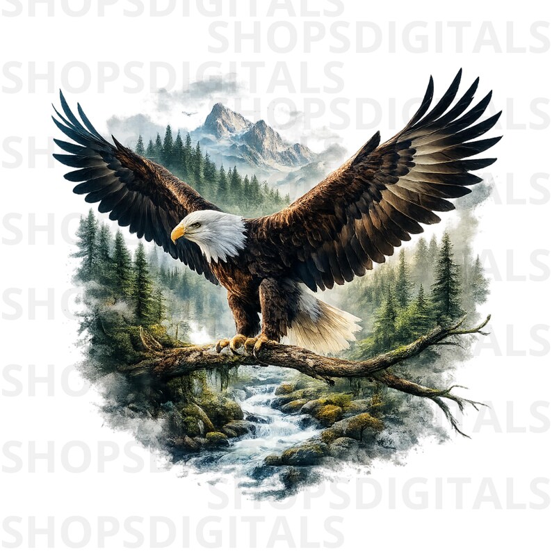May include: A majestic bald eagle with outstretched wings perches on a tree branch. The eagle has brown and white feathers, a yellow beak, and piercing eyes. The background features a mountain range, a flowing river, and a lush forest.