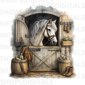 Estábulo com Cavalo Branco PNG em Aquarela, Clipart Equestre, Arte de Animais de Fazenda, Download Digital para Impressão