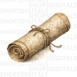 May include: A rolled parchment scroll tied with twine. The scroll is a light tan color with visible texture, and the twine is a darker brown. The scroll is tightly rolled, with the end of the scroll visible. The image has a watercolor effect.