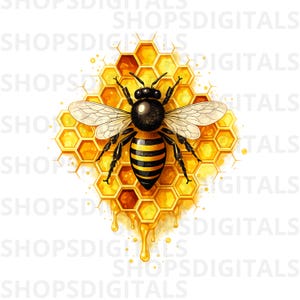 May include: A detailed illustration of a honeybee with a black and yellow striped abdomen, set against a honeycomb background. The honeycomb is a warm yellow with dripping honey accents, creating a vibrant and naturalistic design.