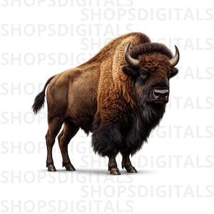 May include: A digital illustration of a bison, showcasing a detailed depiction of the animal. The bison has a brown and black coat, with prominent horns and a shaggy mane. The image is set against a white background.