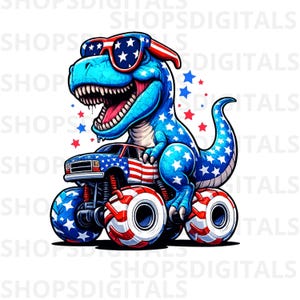 May include: A blue tyrannosaurus rex with white stars and red stripes, wearing star-patterned sunglasses, sitting on a monster truck decorated with American flag colors and patterns, surrounded by small red and blue star graphics.