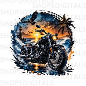 May include: A black motorcycle is depicted in a digital art piece, set against a coastal sunset scene. The artwork features a lighthouse, palm tree, and an eagle soaring above the ocean waves. The image has the text "SHOPSDIGITALS" repeated around the border.