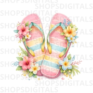 May include: Watercolor illustration of two pink flip-flops with pastel stripes, adorned with tropical flowers in pink, yellow, and blue. The straps are light green and yellow. The image has the text "SHOPSDIGITALS".