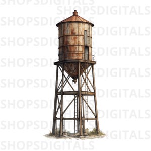 May include: An illustration of a vintage water tower with a cylindrical, rusty metal tank atop a wooden support structure. The tower has a small door and ladder, suggesting access. The base of the tower rests on a patch of dirt and grass.
