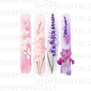 May include: A digital illustration featuring four vertical watercolor-style brush strokes in shades of pink and purple, each overlaid with a different botanical element: white lilies, light pink flowers, purple lavender, and a purple iris.