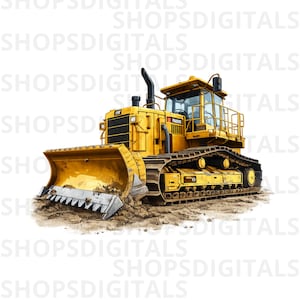 May include: A yellow bulldozer with a large blade and tracks, designed for heavy construction work. The bulldozer is depicted on a light brown surface, with a black exhaust pipe and a detailed cabin.