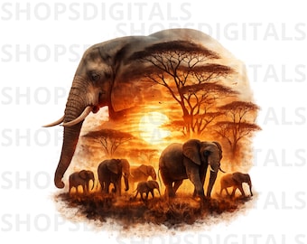Elephant Safari Art PNG, African Elephant Sunset Design