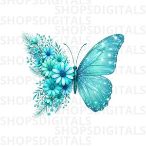 Op de afbeelding: Digitale illustratie van een vlinder. E&eacute;n vleugel is versierd met turquoise bloemen en bladeren, de andere is glinsterend turquoise met sprankelende accenten. De vlinder staat tegen een witte achtergrond.