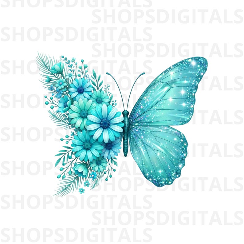 Op de afbeelding: Digitale illustratie van een vlinder. E&eacute;n vleugel is versierd met turquoise bloemen en bladeren, de andere is glinsterend turquoise met sprankelende accenten. De vlinder staat tegen een witte achtergrond.