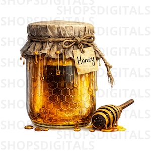 Imágenes prediseñadas de tarro de miel rústico, diseño de cocina de granja, gota de miel PNG (descarga digital)