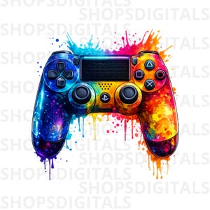 Könnte beinhalten: Bunte Aquarell-Illustration eines Videospiel-Controllers. Der Controller weist ein lebendiges Farbspektrum auf, darunter Blau, Gelb, Orange und Rot, mit Farbspritzereffekten. Der Text "SHOPSDIGITALS" ist im Hintergrund sichtbar.