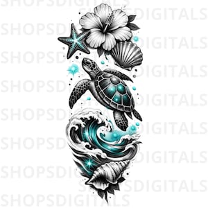 May include: A vertical digital illustration featuring a sea turtle swimming above a crashing ocean wave, accented with a hibiscus flower, a starfish, and two seashells. The design incorporates black and white line art with vibrant teal highlights.